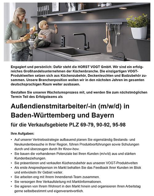 Außendienstmitarbeiter/-in (m/w/d) in Baden-Wüttemberg und Bayern für die Verkaufsgebiete PLZ 69-79, 90-92, 95-98