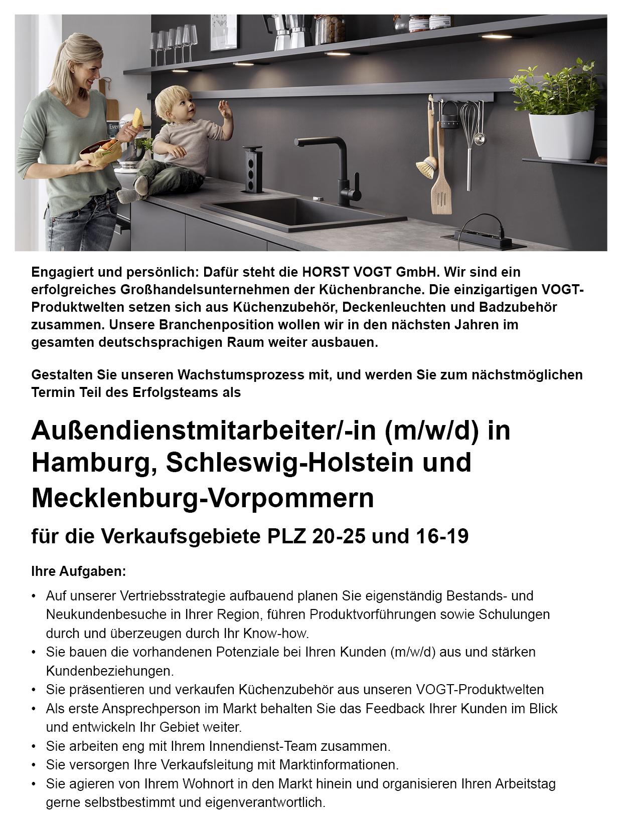 Außendienstmitarbeiter/-in (m/w/d) in Hamburg, Schleswig-Holstein und Mecklenburg-Vorpommern für die Verkaufsgebiete PLZ 20-25 und 16-19